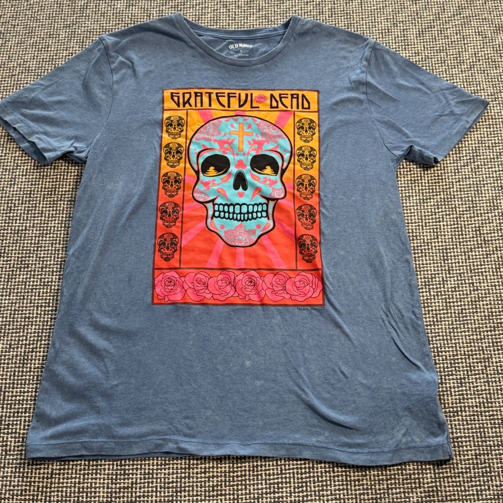 Old Navy Grateful Dead Sugar Skull Graphic Tee Blue XS Band T-Shirt Roses